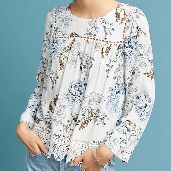 Maeve x Anthropologie Boho Southern Bell Blue Floral Crochet Lace Prairie Top - Picture 3 of 14